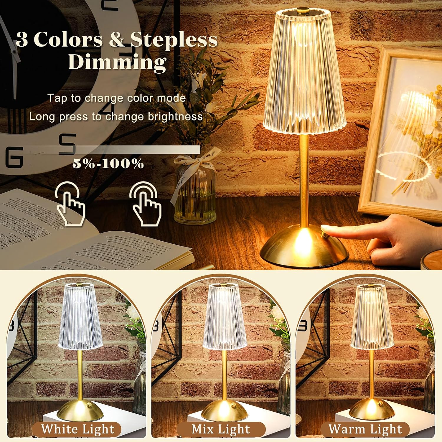 Liliful 2 Pcs Cordless Table Lamp Rechargeable Touch LED Small Gold Portable Battery Operated USB-c Desk Lamp 3 Color Dimmable for…