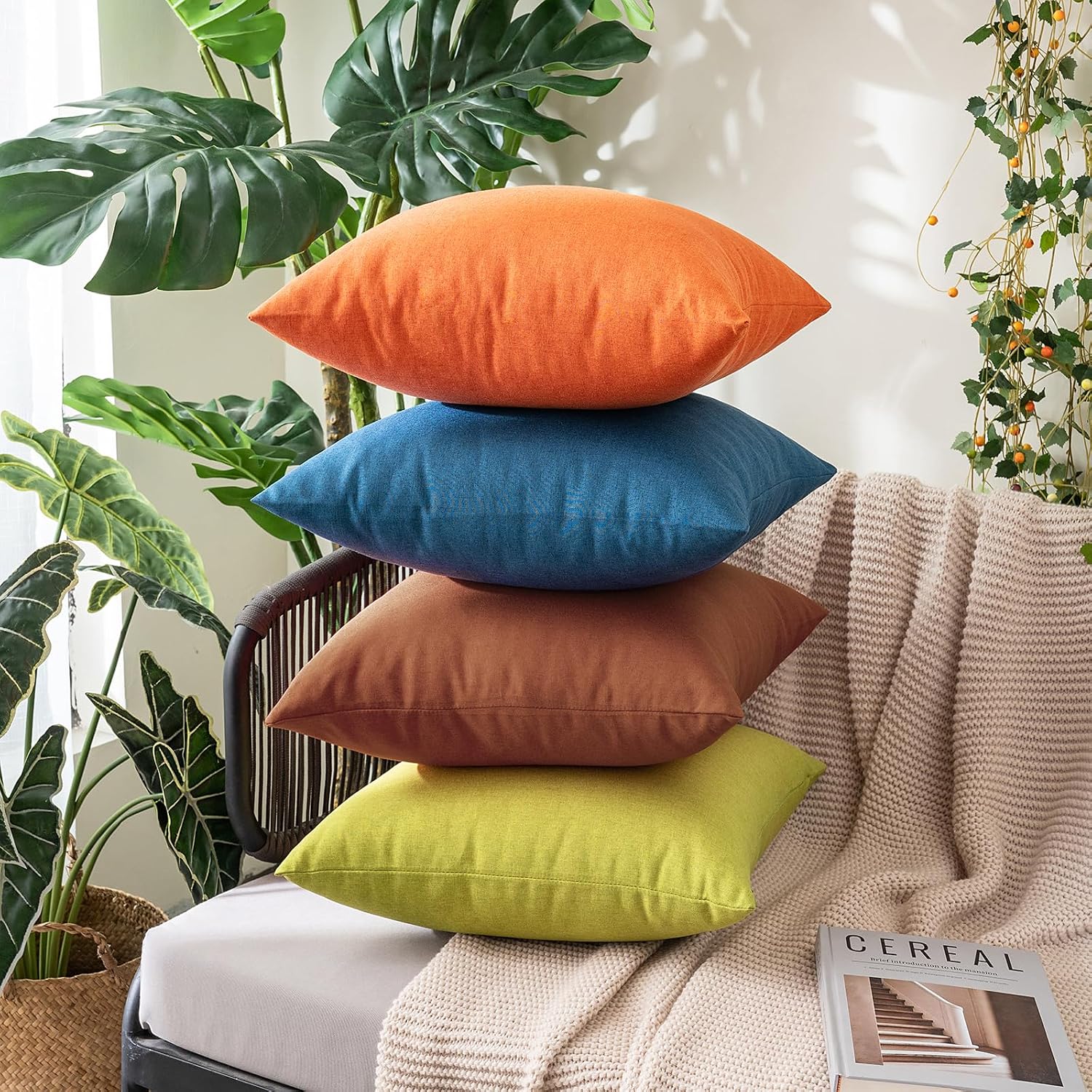 Miulee Pack of 2 Decorative Outdoor Solid Waterproof Throw Pillow Covers Faux Linen Garden Farmhouse Cushion Cases for Summer Patio Tent Ba…