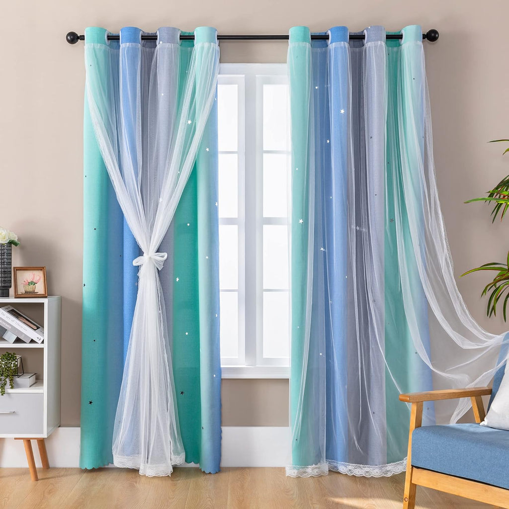 Addsomecolortolife XiDi Dream Star Blackout Curtains for Kids Rooms Girl Princess Curtain for Daughter Bedroom Window (Blue Green Grey, W34…