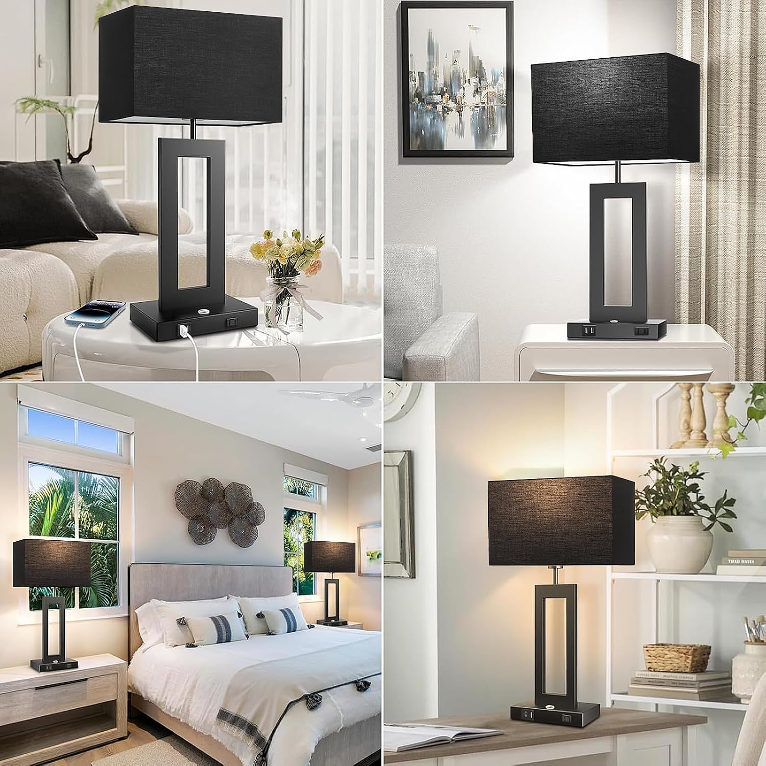 3 Color Temperatures Black Table Lamps for Bedrooms Set of 2, 22’’ Touch Control Bedside Nightstand Lamps with 2 USB Ports & AC Outlet…