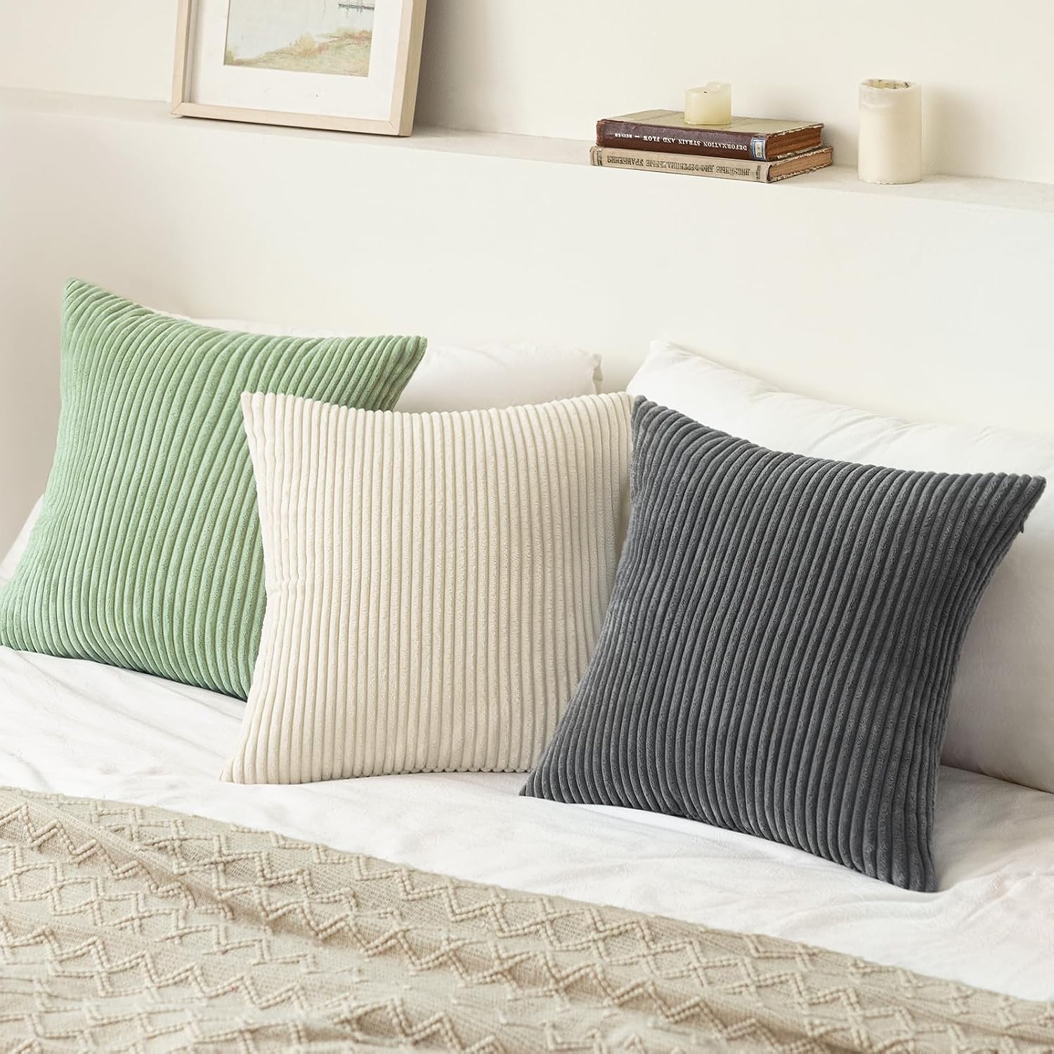 Softalker Throw Pillow Covers 18 x 18, Set of 2 - Cream Spring Decorative Soft Corduroy Striped Boho Beige Pillow Covers, White Cushion Pil…