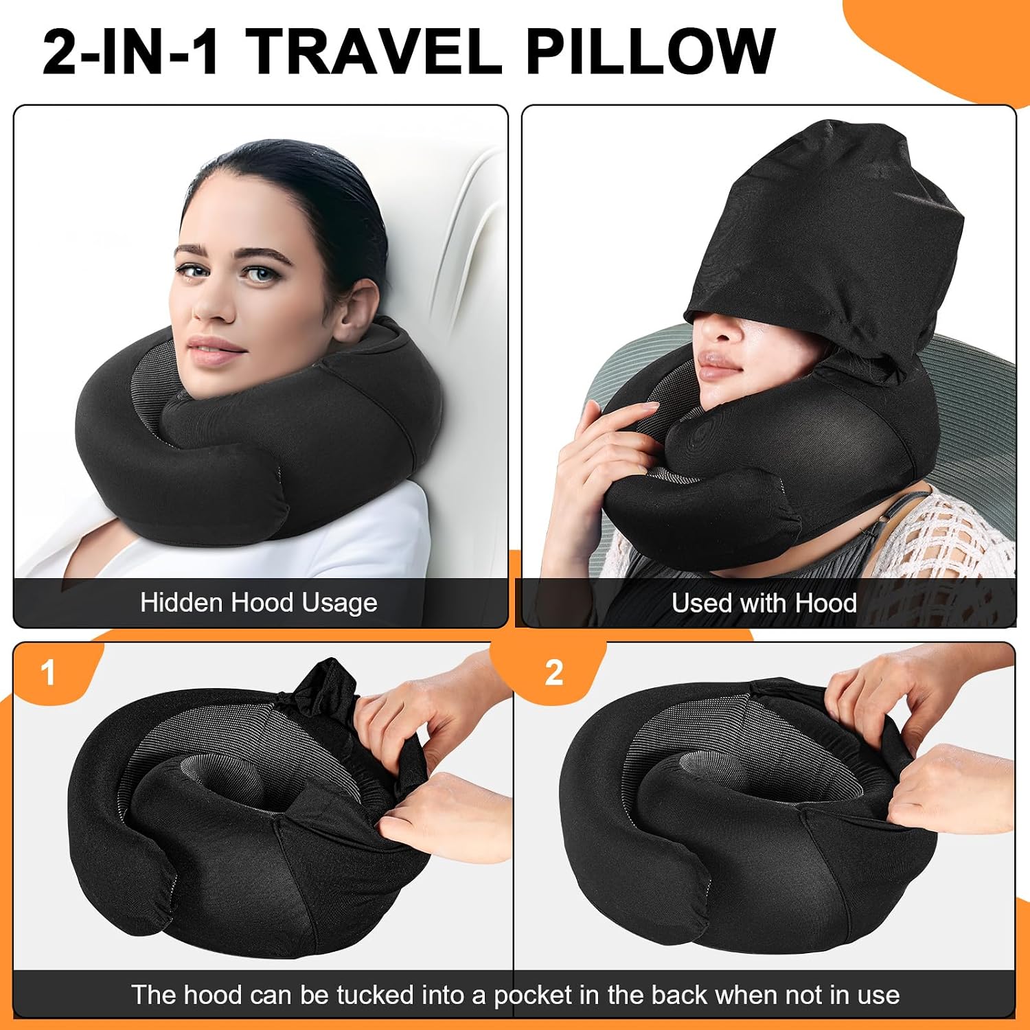 Vzpeun Travel Pillow - Hooded Neck Pillow Airplane Memory Foam Filling for Plane, Office, Cars Sleeping, Road Trip, Long Flights, Airplane…