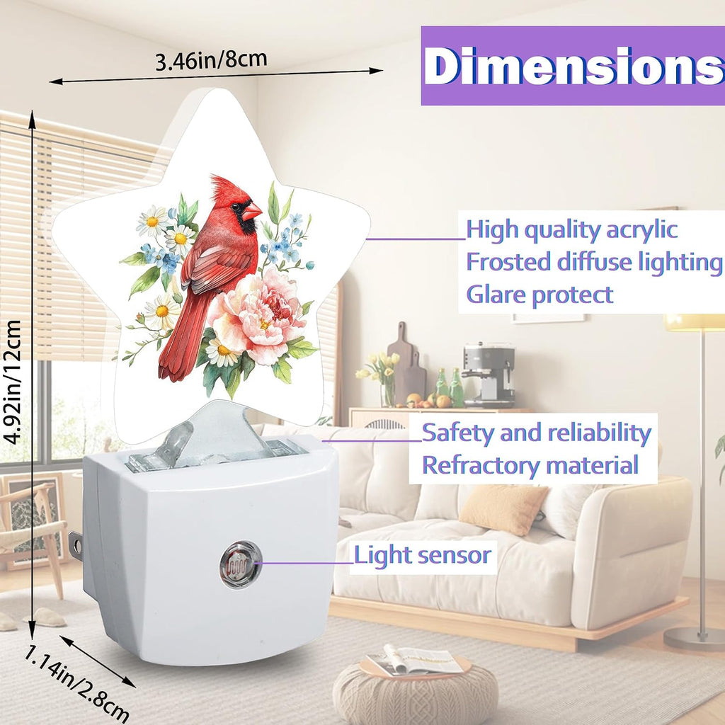 Night Lights Plug Into Wall Decorative, Red Cardinal Bird Nightlights for Kids Bedroom, Spring Flowers Energy Efficient Dusk-to-Dawn…