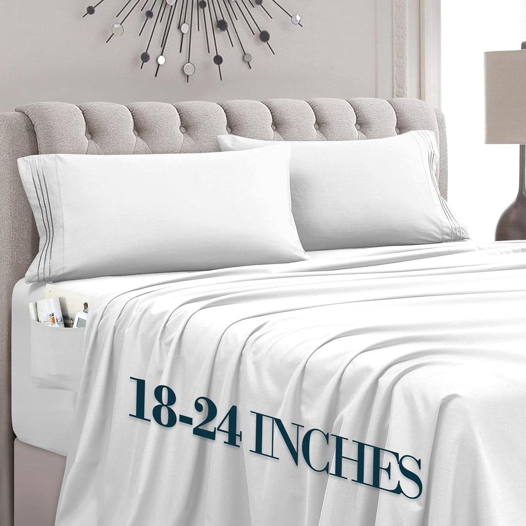 MocassiLuxuryBedding Mocassi King Size 4-Piece Bed Sheet Set - 1800 Hotel Quality Microfiber 18-24 Inches Extra Deep Pocket Fitted Sheet- L…