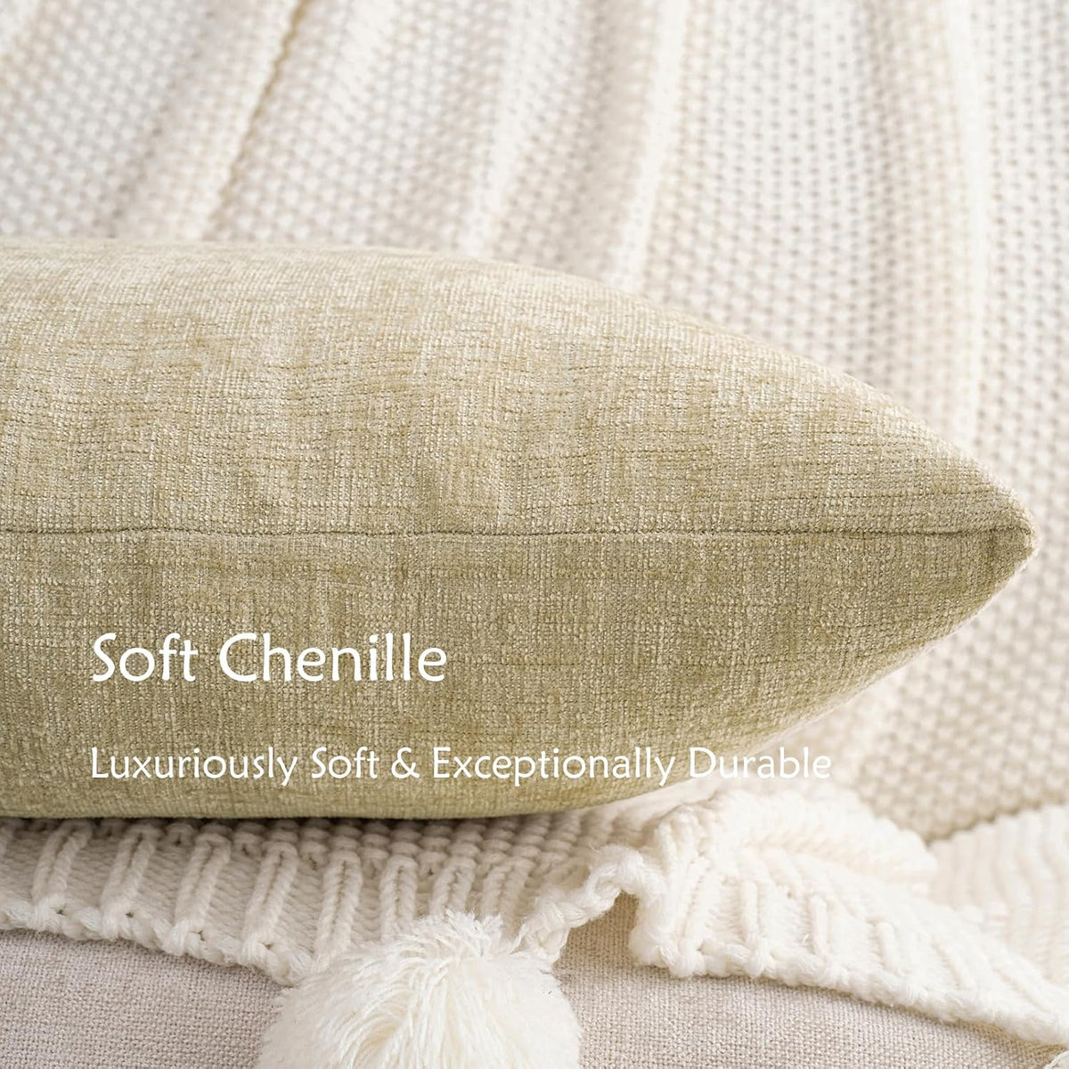 Hwy50 HWY 50 Beige Couch Pillow Covers 18x18 Inch Pack of 2, Soft Chenille Decorative Throw Pillow Cases Farmhouse for Sofa Living Room Bed…