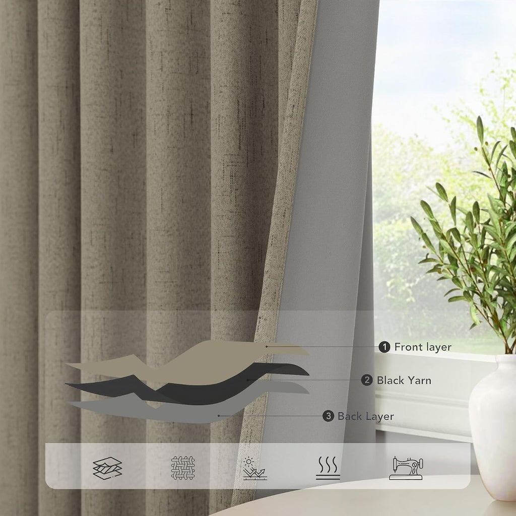Pitalk Taupe Blackout Curtains 90 Inches Long Thick Linen Patio Curtain for Sliding Glass Doors Neutral Cottagecore Home Decor Living Room…