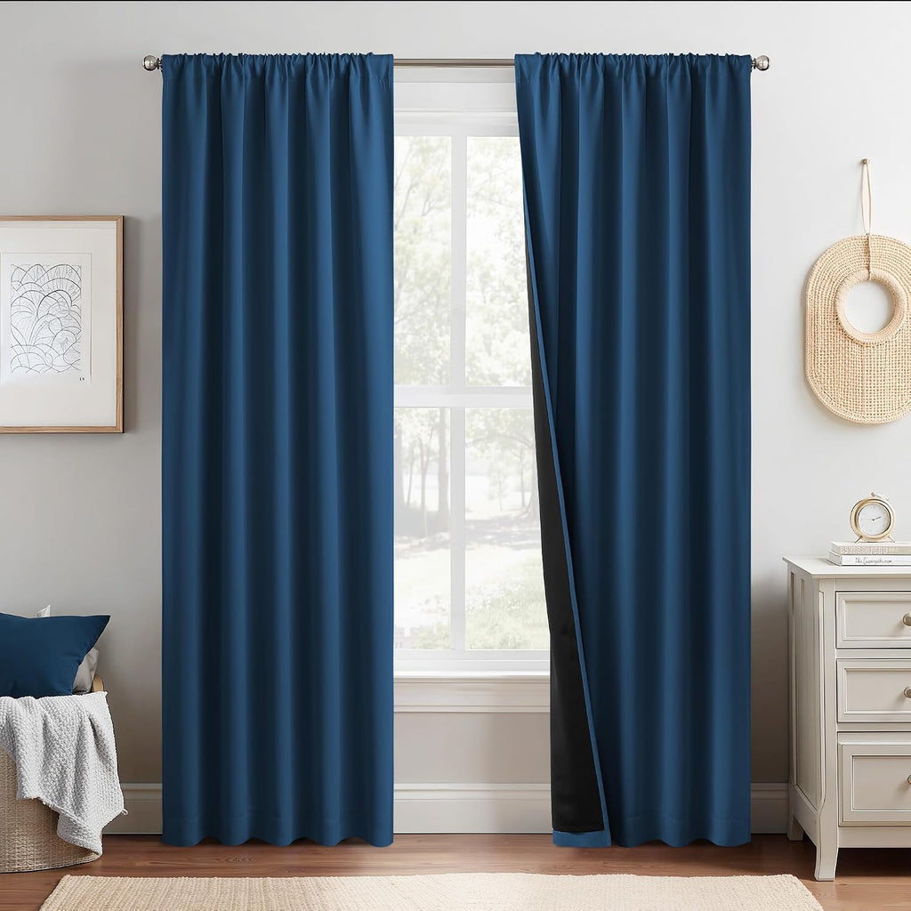 Nicetown Moroccan Blue 100% Blackout Curtain Panels, 2 Pieces of 52x84 Inch Rod Pocket Window Drapes with Black Liner for Bedroom, Energy S…