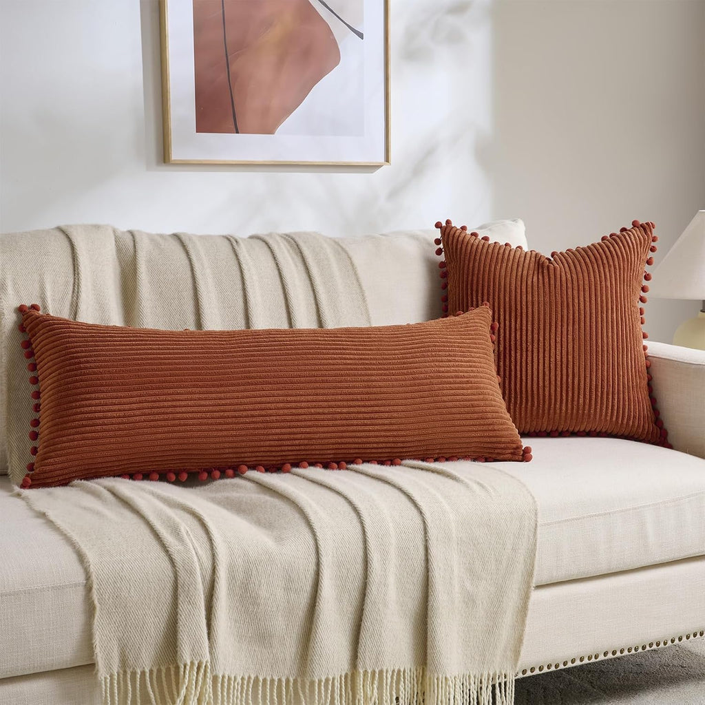 Fancy Homi 1 Pack Rust Long Lumbar Body Decorative Throw Pillow Covers 14x36 Inch with Pom-poms for Couch Sofa Bed, Farmhouse Boho Rustic…