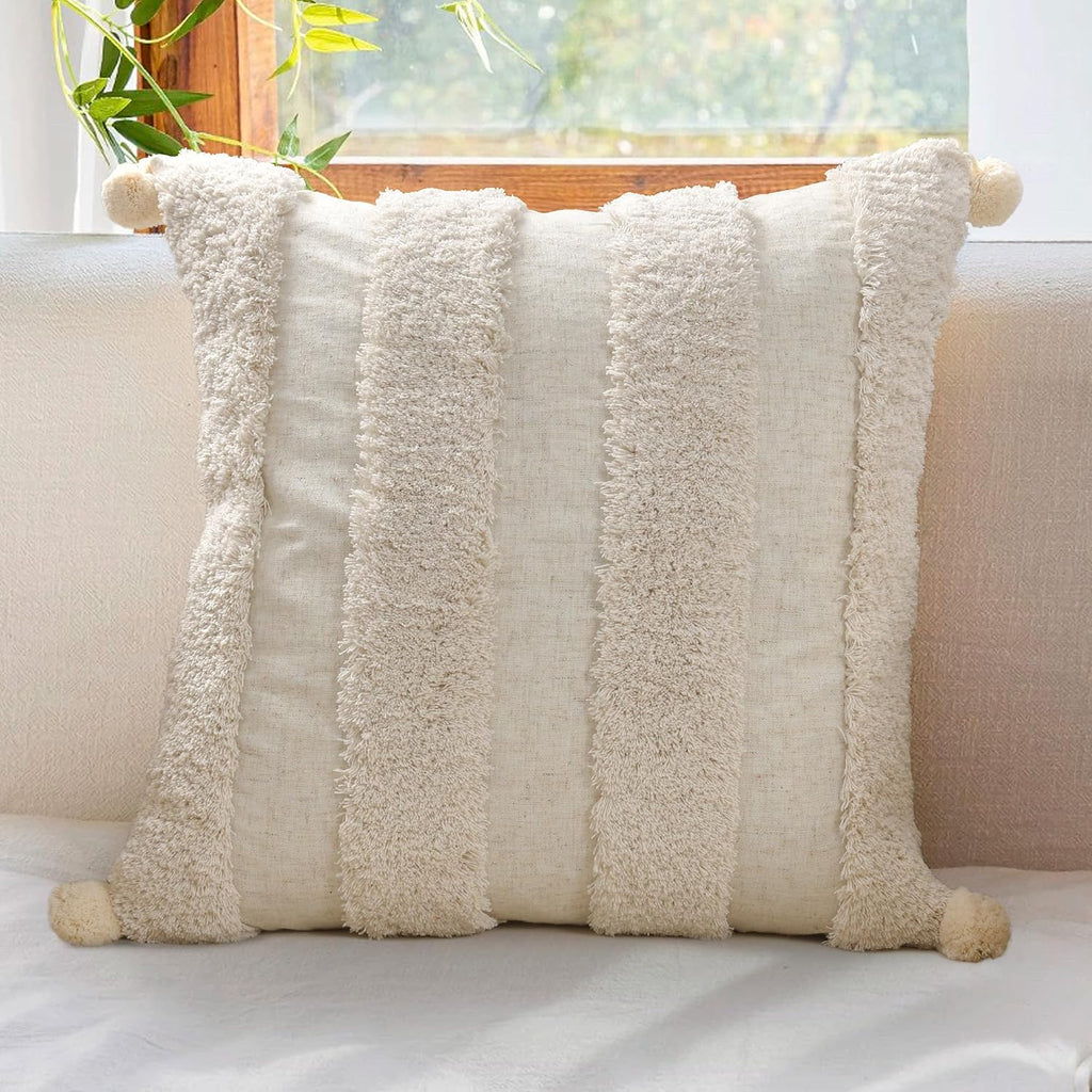 Loopuinhom Boho Pillow Covers 18X18 Inch Boho Tufted Linen Throw Pillow Covers Decorative Pompoms Cushion Cover Farmhouse Pillow Case for C…