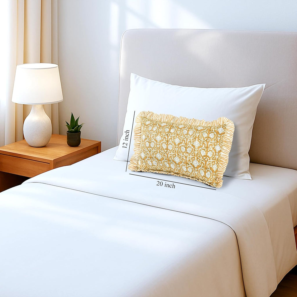 Cottonprintclub CPC Hand Block Print Mustard Regal Ruffle Sham Pillow Cover 20" x 12" inch Hidden Zipper Decorative Pillowcase for Couch, B…