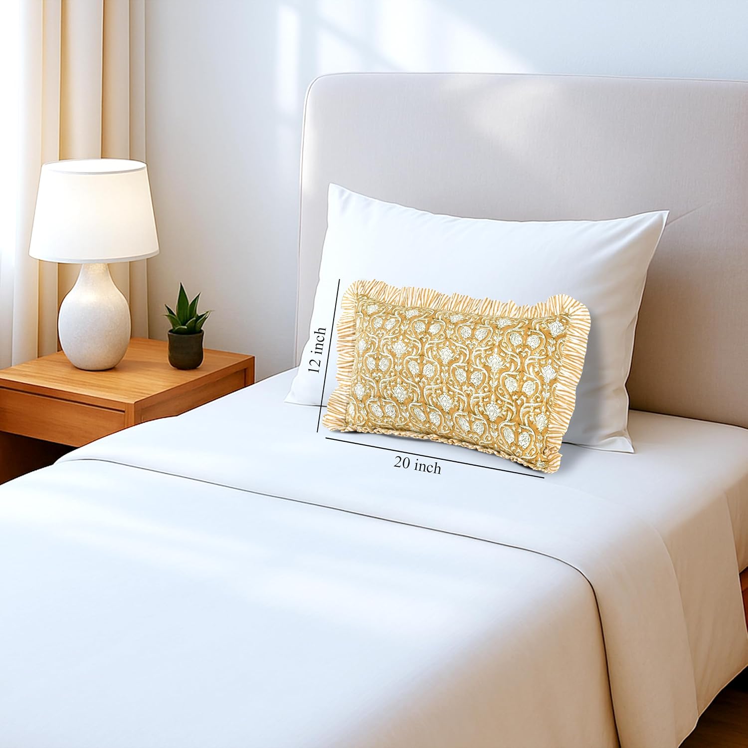 Cottonprintclub CPC Hand Block Print Mustard Regal Ruffle Sham Pillow Cover 20" x 12" inch Hidden Zipper Decorative Pillowcase for Couch, B…