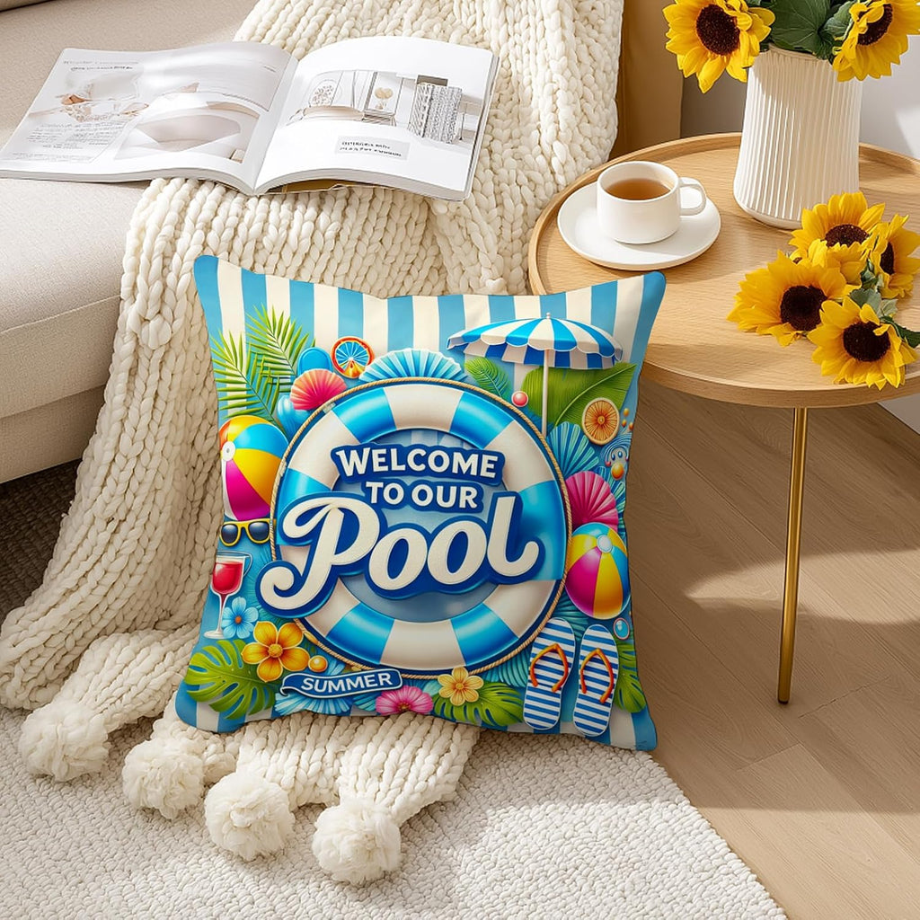 BlissYard Throw Pillow Covers 18x18 Welcome to Our Summer Pool Decorative Pillow Covers Beach Theme Cushion Covers Coastal Swimming Pool…