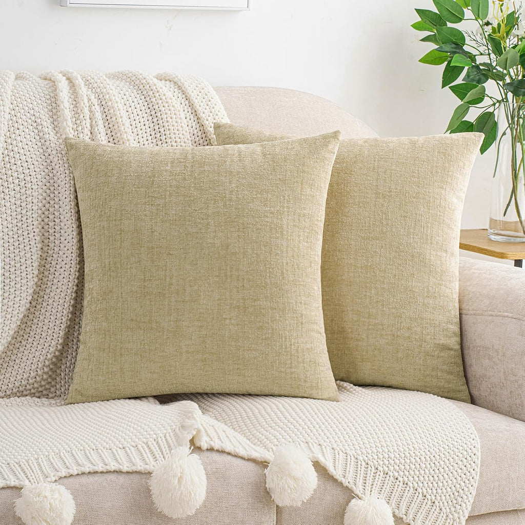 Hwy50 HWY 50 Beige Couch Pillow Covers 22x22 Inch Pack of 2, Soft Chenille Decorative Throw Pillow Cases Farmhouse for Sofa Living Room Bed…