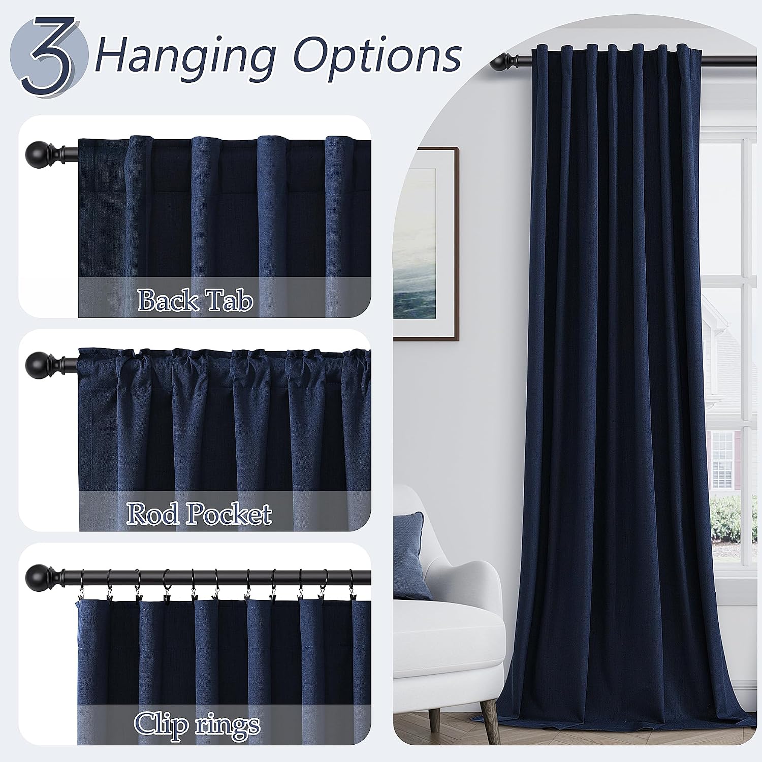 Guken Navy Blue 100% Blackout Curtains 84 Inch Length 2 Panels Set for Living Room Bedroom Back Tab Thermal Insulated Black Out Linen Drape…