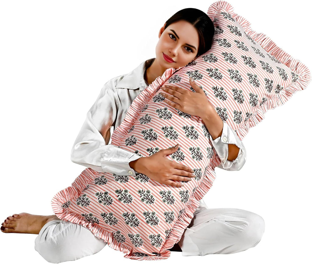 Ridhi Block Print Salmon Blossom 36"x14" Set 1-100% Cotton Ruffle Lumbar Sham Cover Boho Floral Pillowcase, Farmhouse Cottagecore…