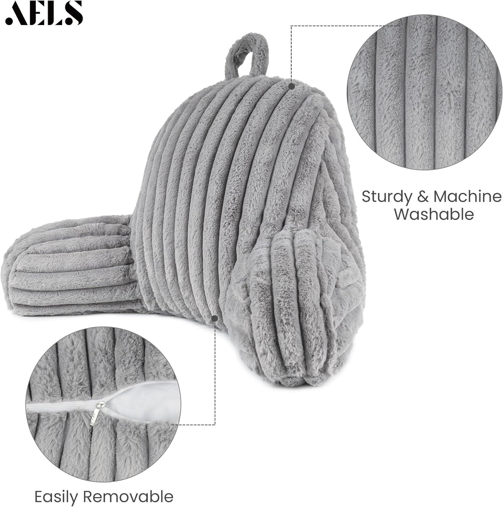 Aels Large Reading Pillow Replacement Cover with Arms and Pockets (Cover ONLY), 18" Soft Faux Fur Striped Backrest Pillow Cover Fits Standa…