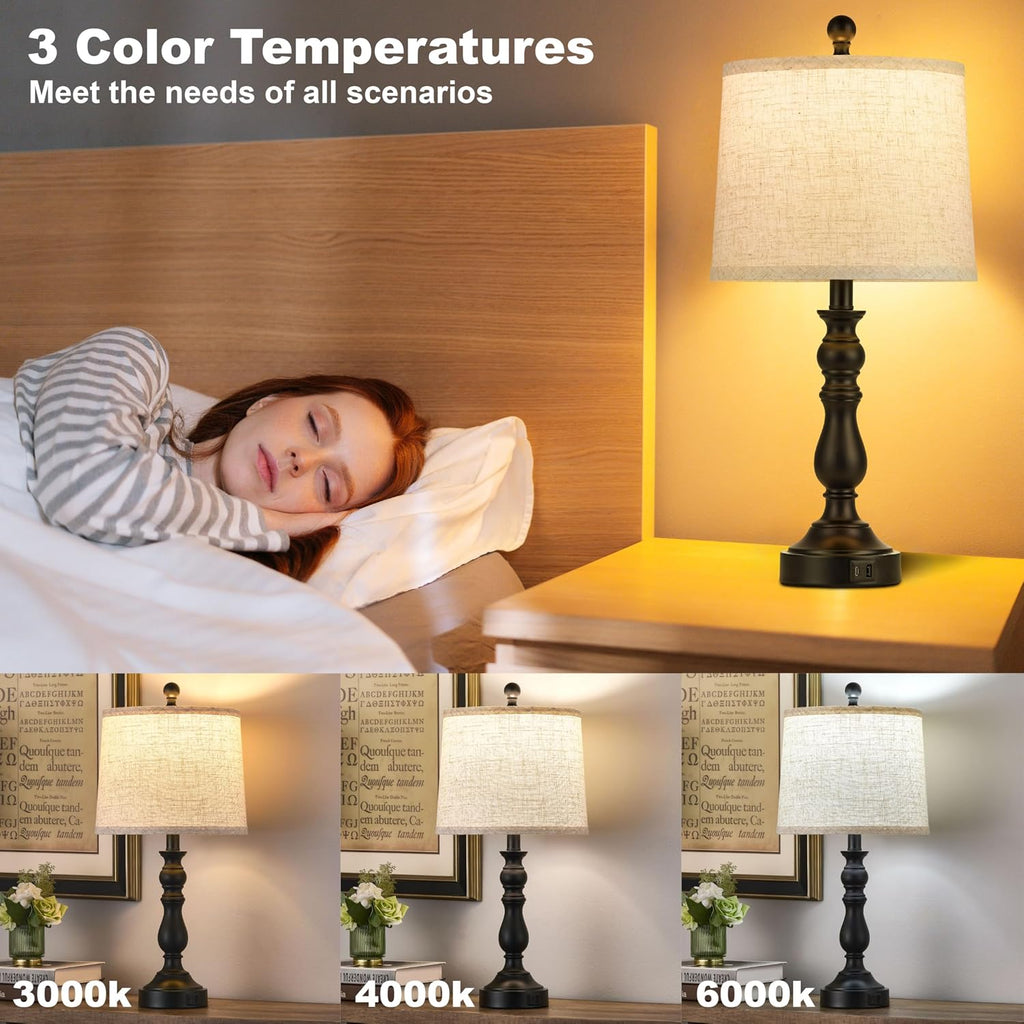 23'' Farmhouse Table Lamps for Living Room Set of 2 with USB C+A Ports, Retro Bedside Lamp for Bedroom, Office, Dining Room, Knob Switch…