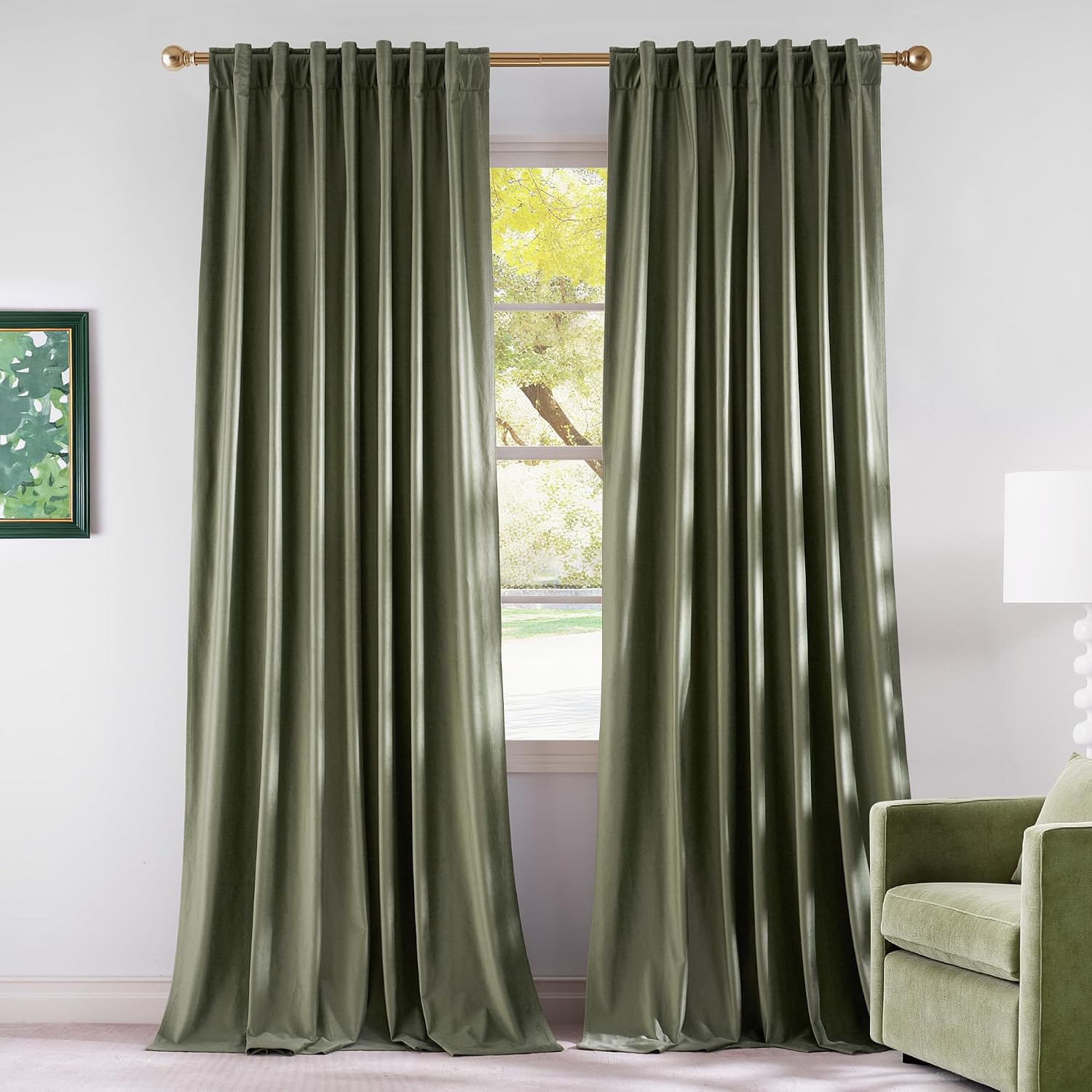 Nicetown Sage Green Velvet Living Room Curtains 90 inches Long, Rod Pocket & Back Tab Room Darkening Window Treatments Thermal Drapes for B…