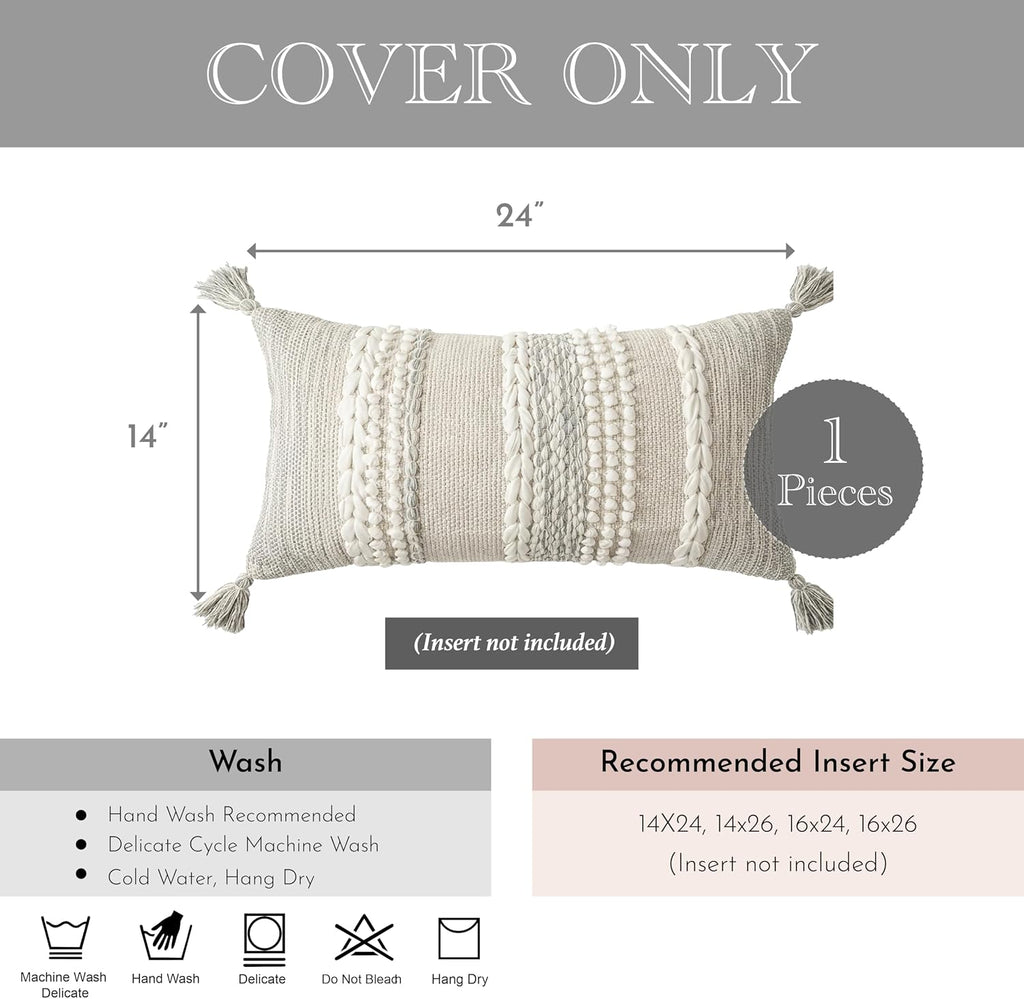 BlissBlush Gray Decorative Lumbar Pillow Cover 14x24, Boho Accent Throw Pillow Case for Couch Sofa Bed, Modern Farmhouse Textured Lumbar…