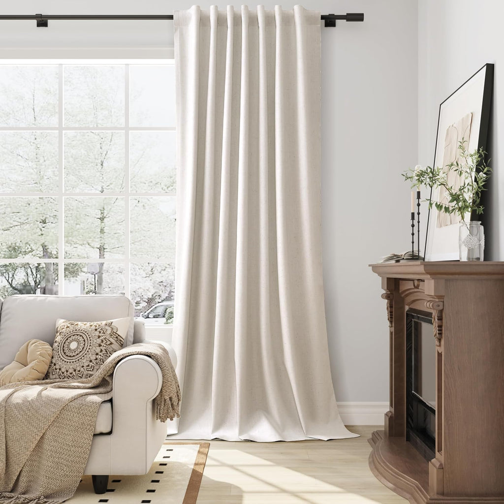 Guken Cream Natural 100% Blackout Linen Bedroom Curtains 100 Inches Long 2 Panel Sets Back Tab Beige Farmhouse Black Out Room Darkening The…
