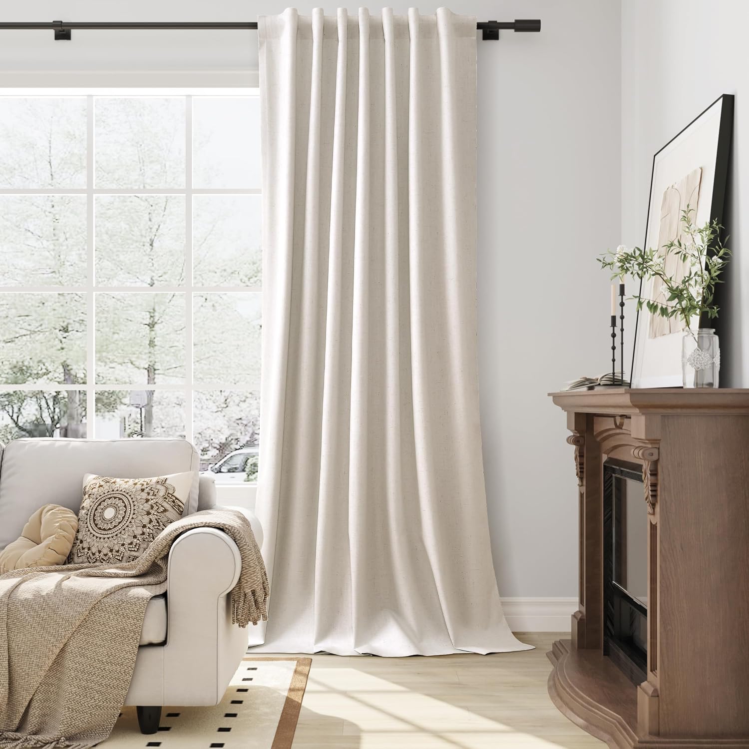 Guken Cream Natural Linen 100% Blackout Curtains 92 Inches Long 2 Panel Sets Linen Back Tab Hook Belt Light Blocking Room Divider Soundproo…