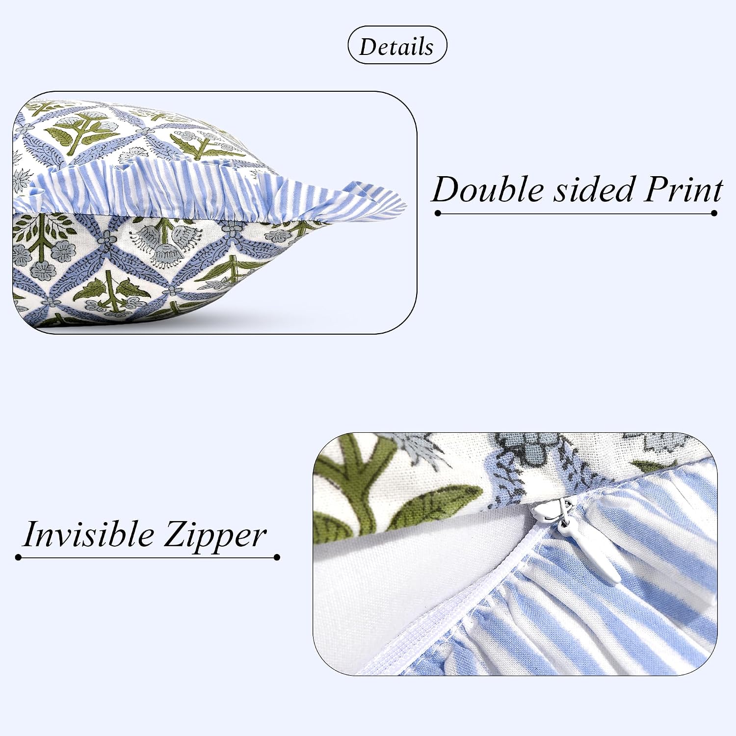 Ridhi Block Print Light Steel Blue 54"x20" Set 1-100% Cotton Ruffle Lumbar Sham Cover Boho Floral Pillowcase, Farmhouse Cottagecore…