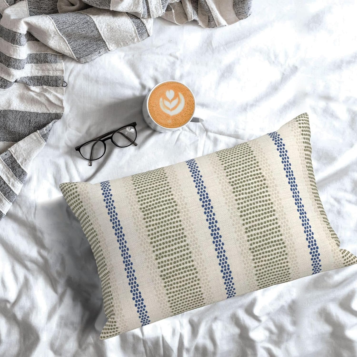 Blue Sage Green Pillow Covers 12x20 Set of 2 Boho Outdoor Striped Throw Pillow Covers Abstract Modern Geometry Decorative Pillowcase…