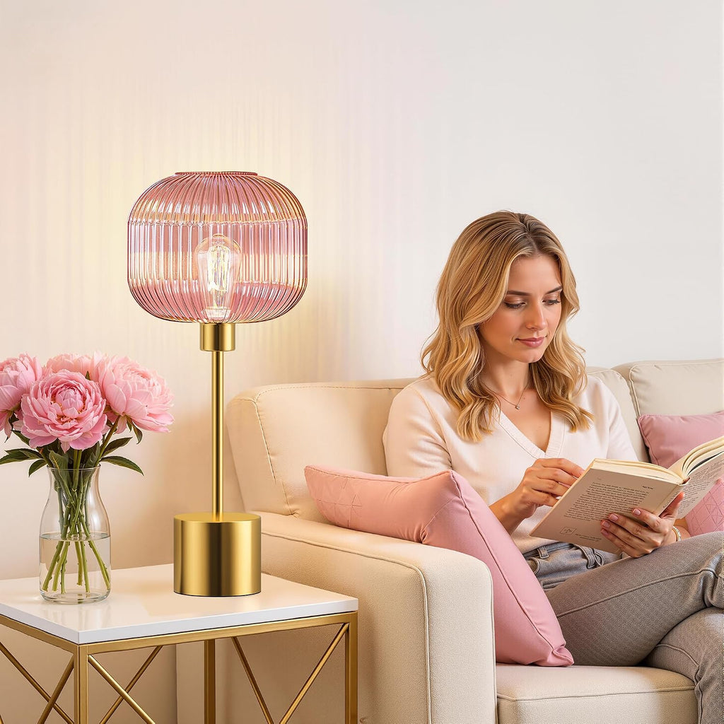 QiMH Glass Table Lamp for Living Room, Modern Bedside Lamp with Pink Ribbed Glass Shade, 3-Way Dimmable Touch Control Nightstand Lamp for…