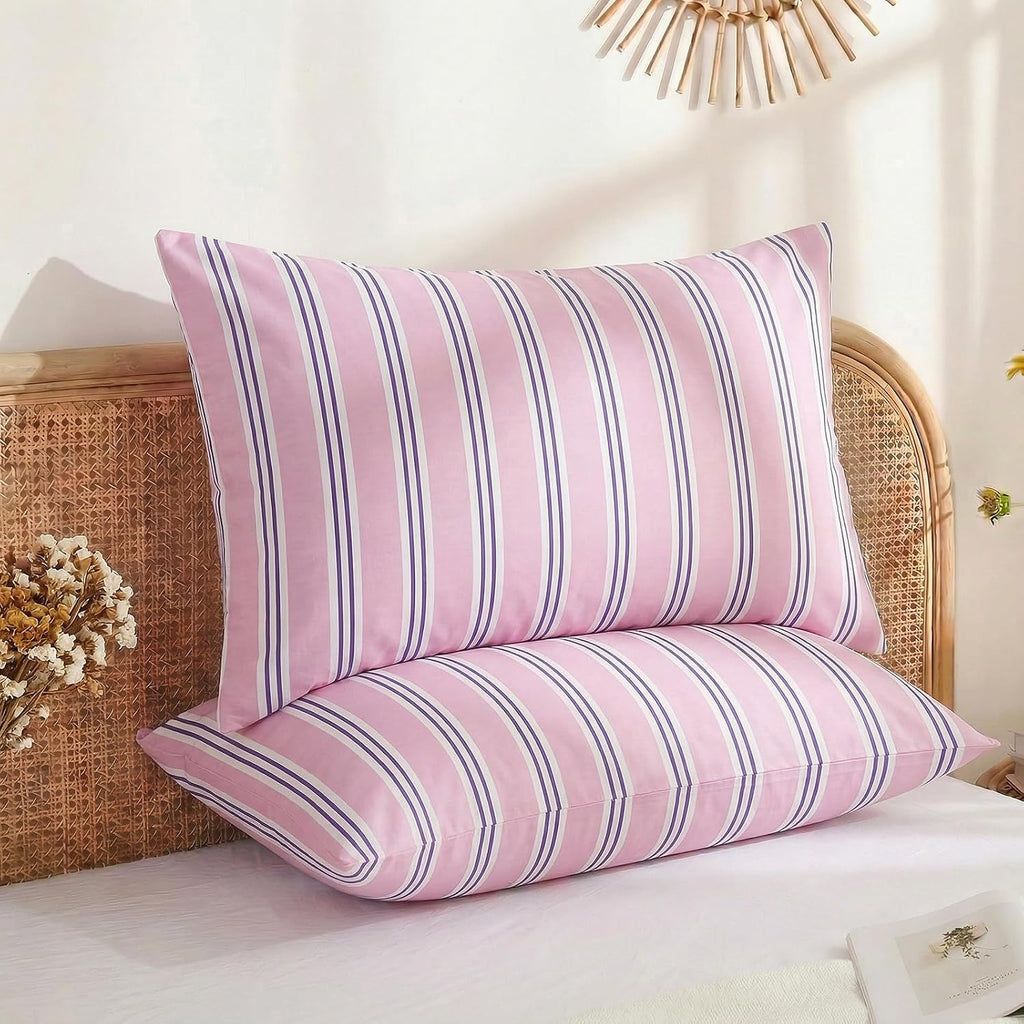 Merryword King Size Pillowcases, 100% Cotton Pillow Cases, Purple Striped Pillowcases, Soft Breathable Ribbon Stripe Pillow Covers, Set of…