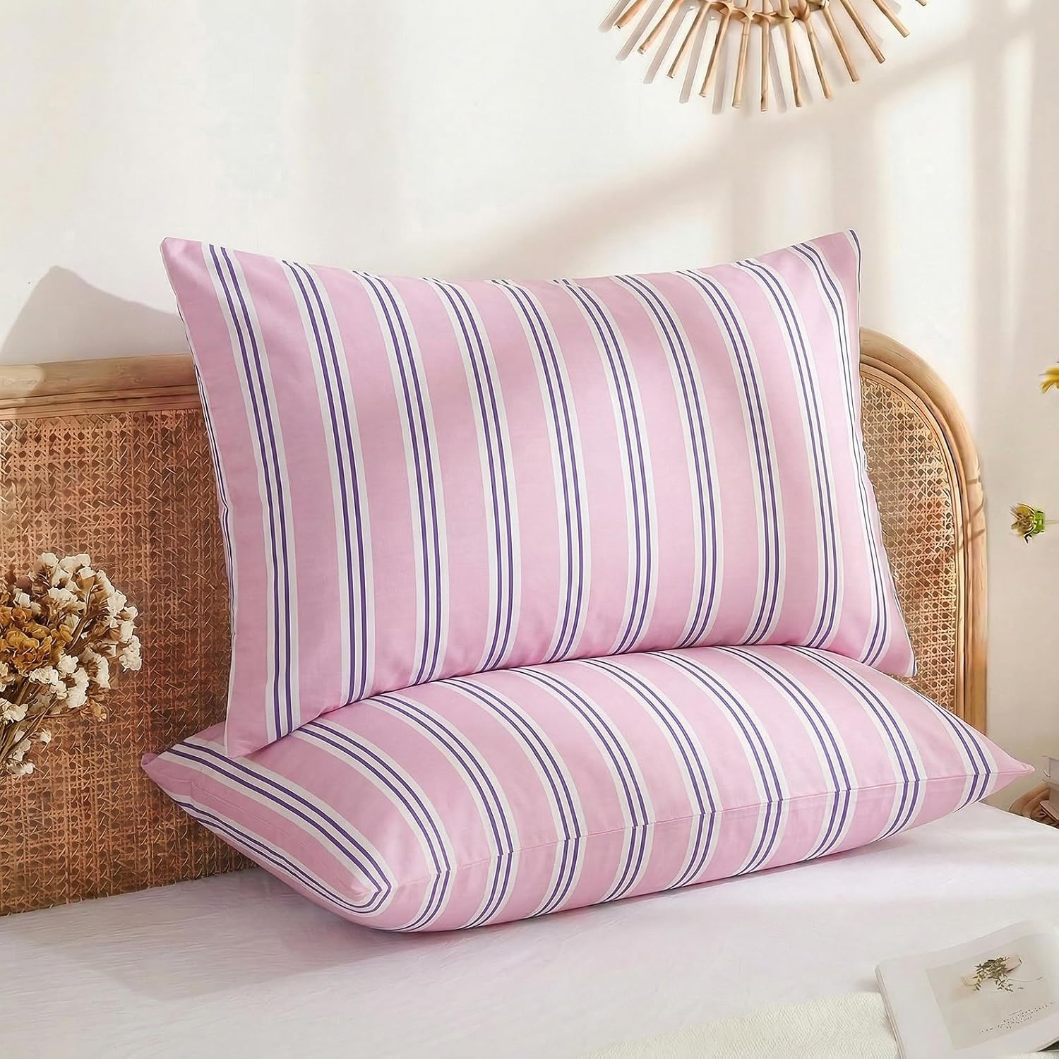 Merryword King Size Pillowcases, 100% Cotton Pillow Cases, Purple Striped Pillowcases, Soft Breathable Ribbon Stripe Pillow Covers, Set of…