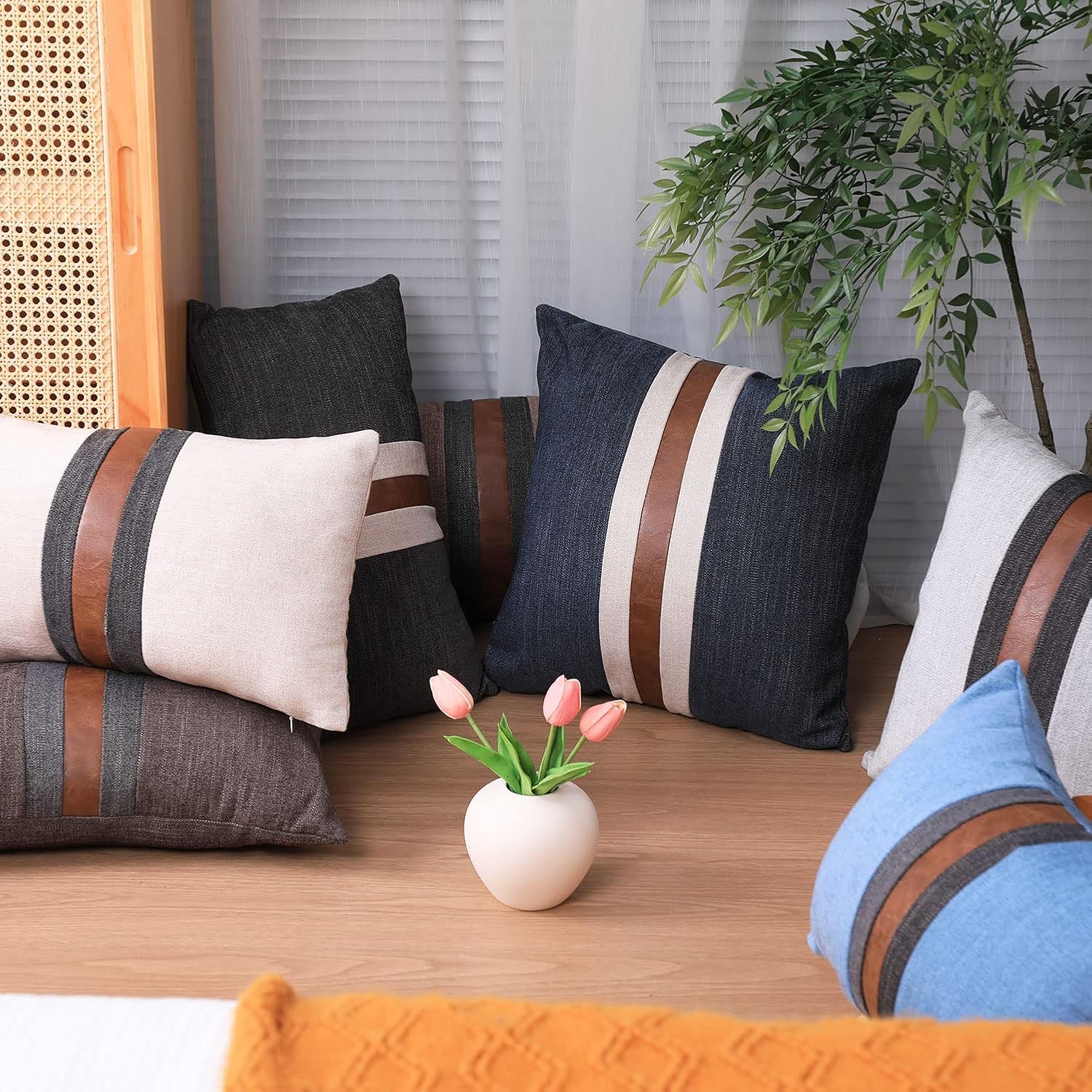 Farmhouse Decorative Outdoor Throw Pillow Covers for Couch Sofa Bed Brown Faux Leather Accent Pillow Cover Modern Decor Pillow Case 18 x…