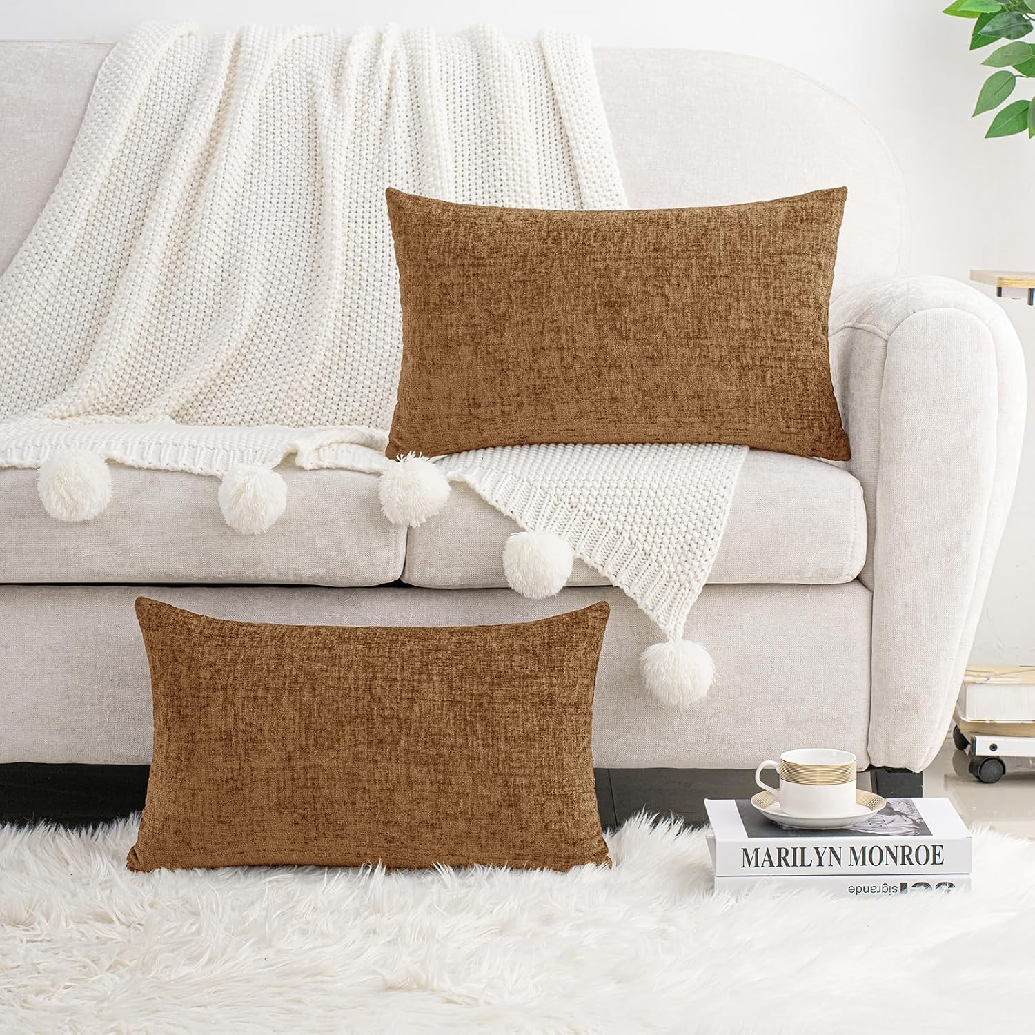 Hwy50 HWY 50 Brown Lumbar Pillow Covers 12x20 Inch Pack of 2, Soft Chenille Decorative Throw Pillow Covers Farmhouse for Couch Sofa Living…