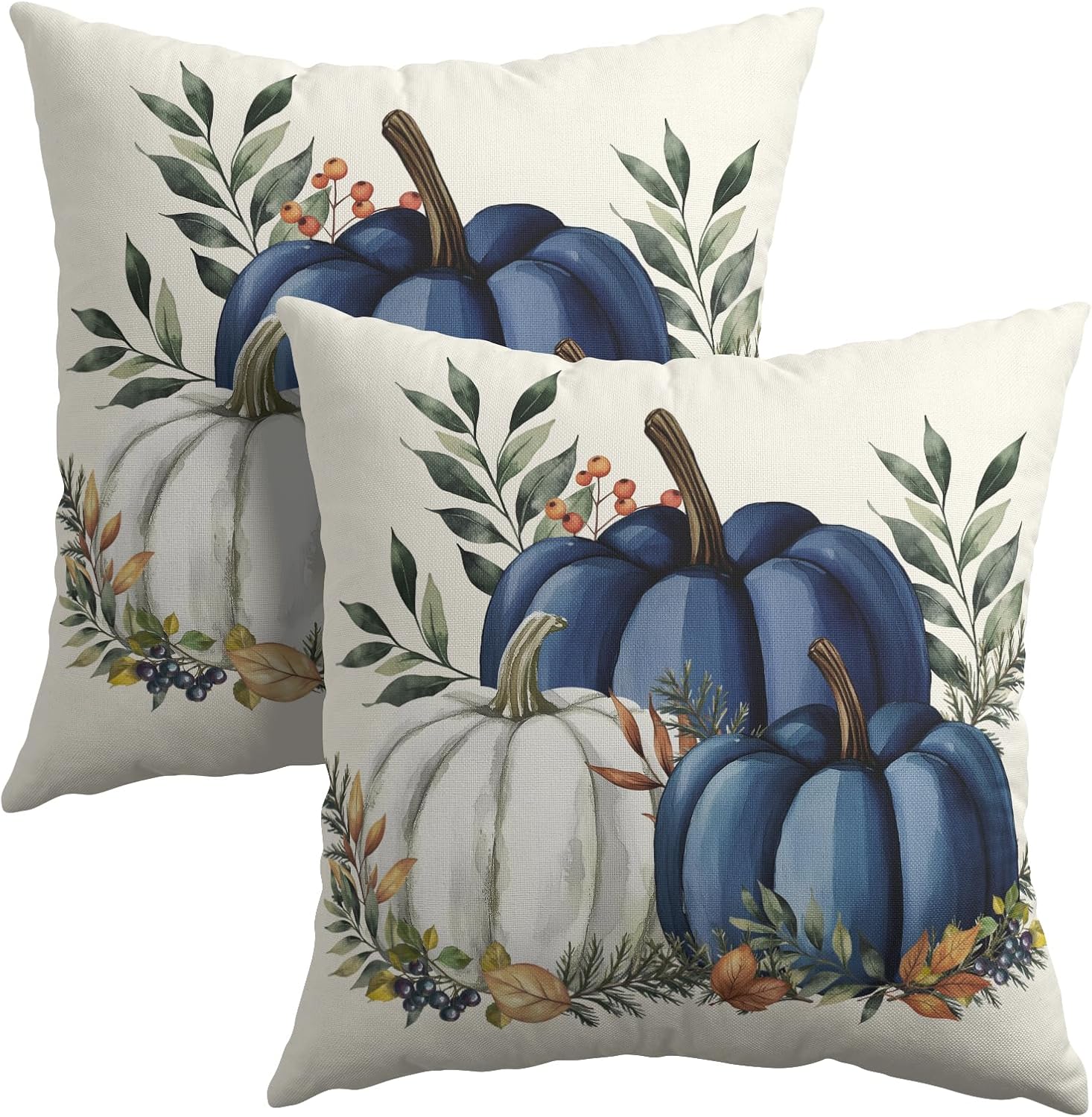 Pumpkins Throw Pillow Covers 18x18 inch Set of 2 Fall Blue and White Pumpkin Pillowcase Autumn Thanksgiving Vintage Outdoor Decorations…