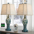 25'' Farmhouse Table Lamps Set of 2 for Living Room Bedroom, 2 USB Ports Coastal Vintage Table Lamp with Nightlight, Blue Green Hollow…
