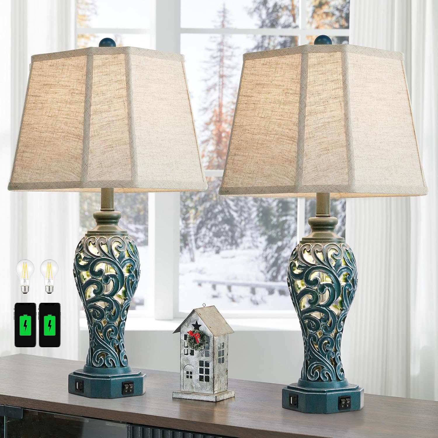 25'' Farmhouse Table Lamps Set of 2 for Living Room Bedroom, 2 USB Ports Coastal Vintage Table Lamp with Nightlight, Blue Green Hollow…