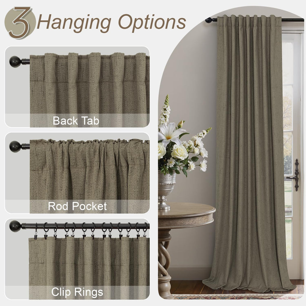 Pitalk Brown Extra Long Blackout Curtains 108 Inch Long 9ft Back Tab Pocket Light Brown Linen Textured Curtain Drape for Living Room Bedroo…