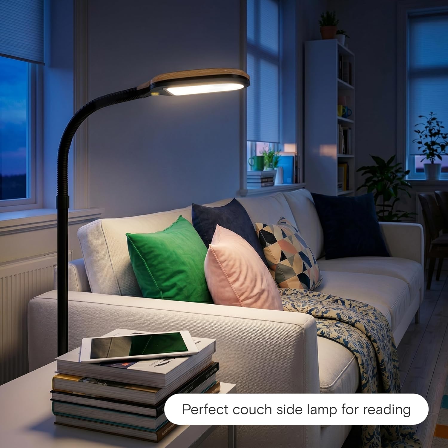 Brightech Litespan - LED Floor Reading Lamp, Modern Wooden Style, Adjustable Gooseneck, 850-950 Lumens, 12W, 3-Year Warranty Wood