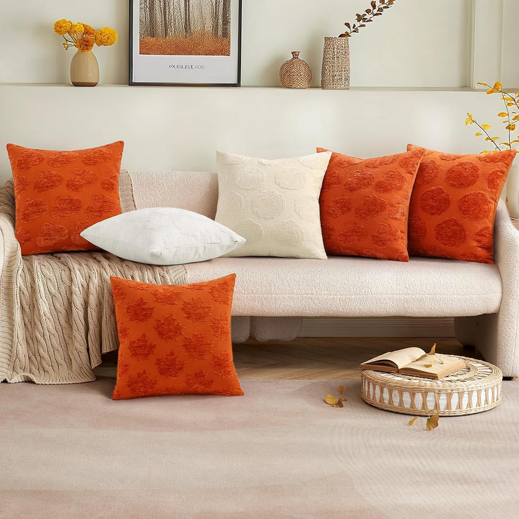 decorUhome Decorative Rust Pumpkin Thanksgiving Throw Pillow Covers 20x20 Set of 2, Soft Chenille Jacquard Farmhouse Textured Pillow…