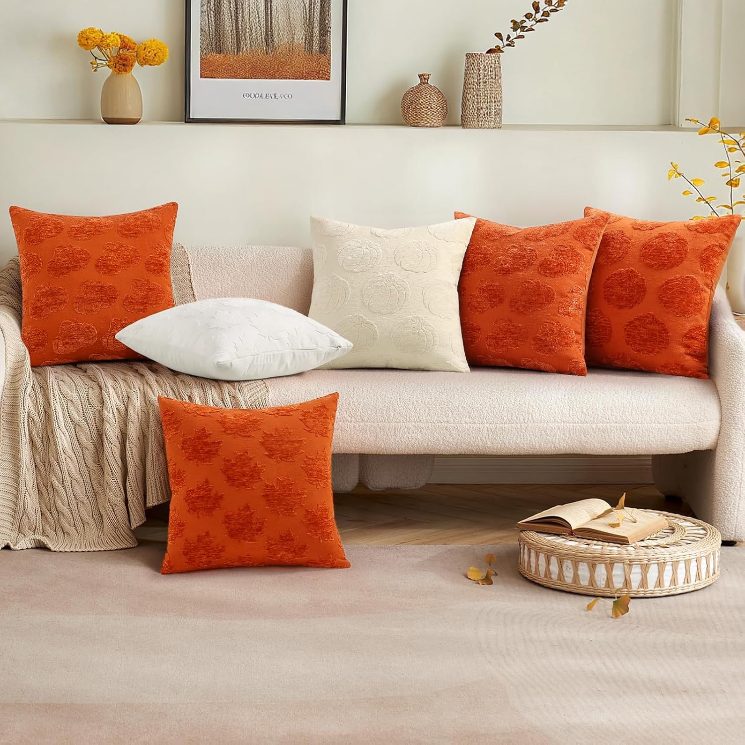 decorUhome Decorative Two Rust Pumpkins Thanksgiving Throw Pillow Covers 18x18 Set of 2, Soft Chenille Jacquard Farmhouse Textured Pillow…