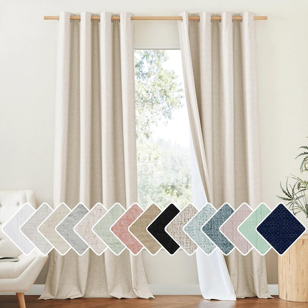 NICETOWN 100% Absolutely Blackout Linen Curtains with Thermal Insulated White Liner, 52" W, 2 PCs, Beige, 120" Long Drapes Sweep The…