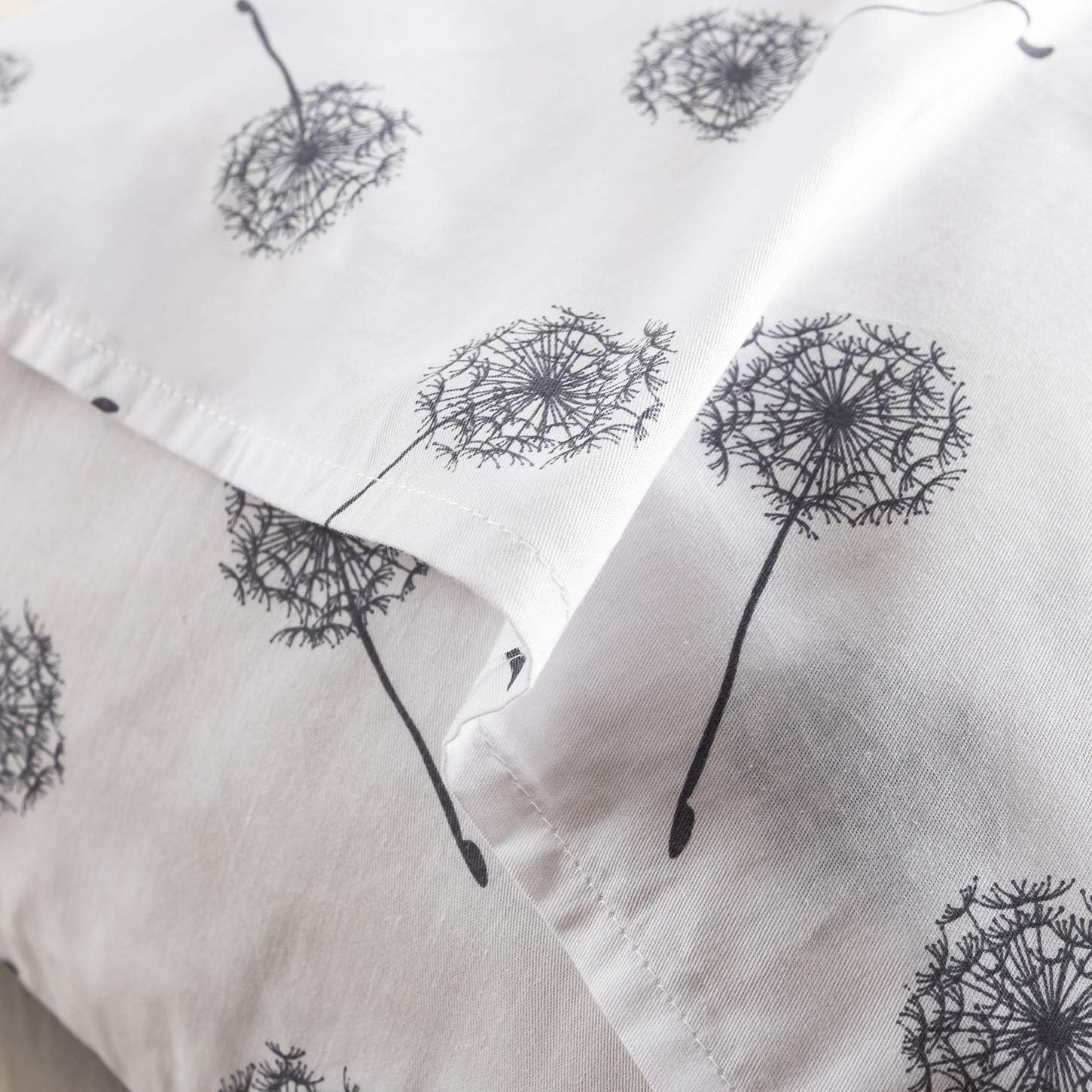 YuHeGuoJi Pillowcases 100% Cotton Queen Size Set of 2 Gray Grey White Dandelion Floral Print Decorative Bed Pillow Covers with Envelope Clo…