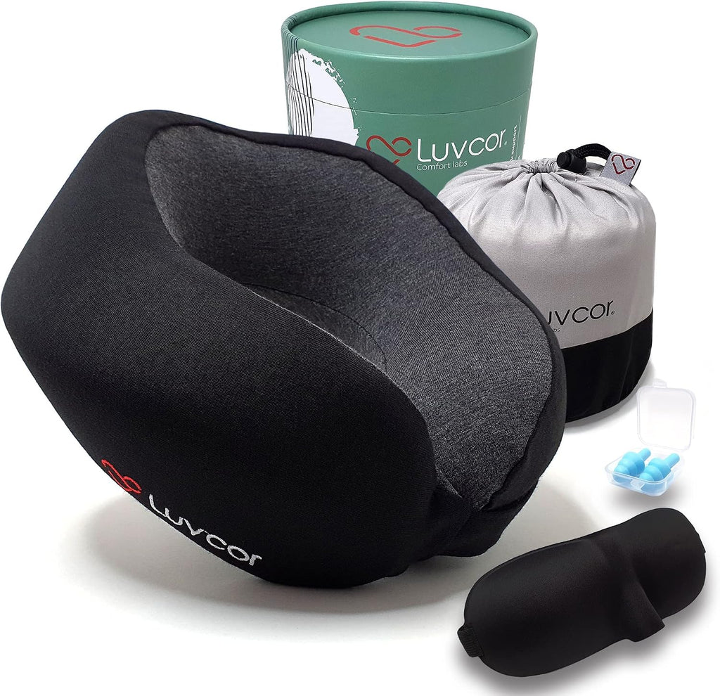 Premium Quality Memory Foam Travel Neck Pillow Bundle - Best Ergonomic Pillow for Airplane Travel, car Ride, Sleeping. Comes with Eye…