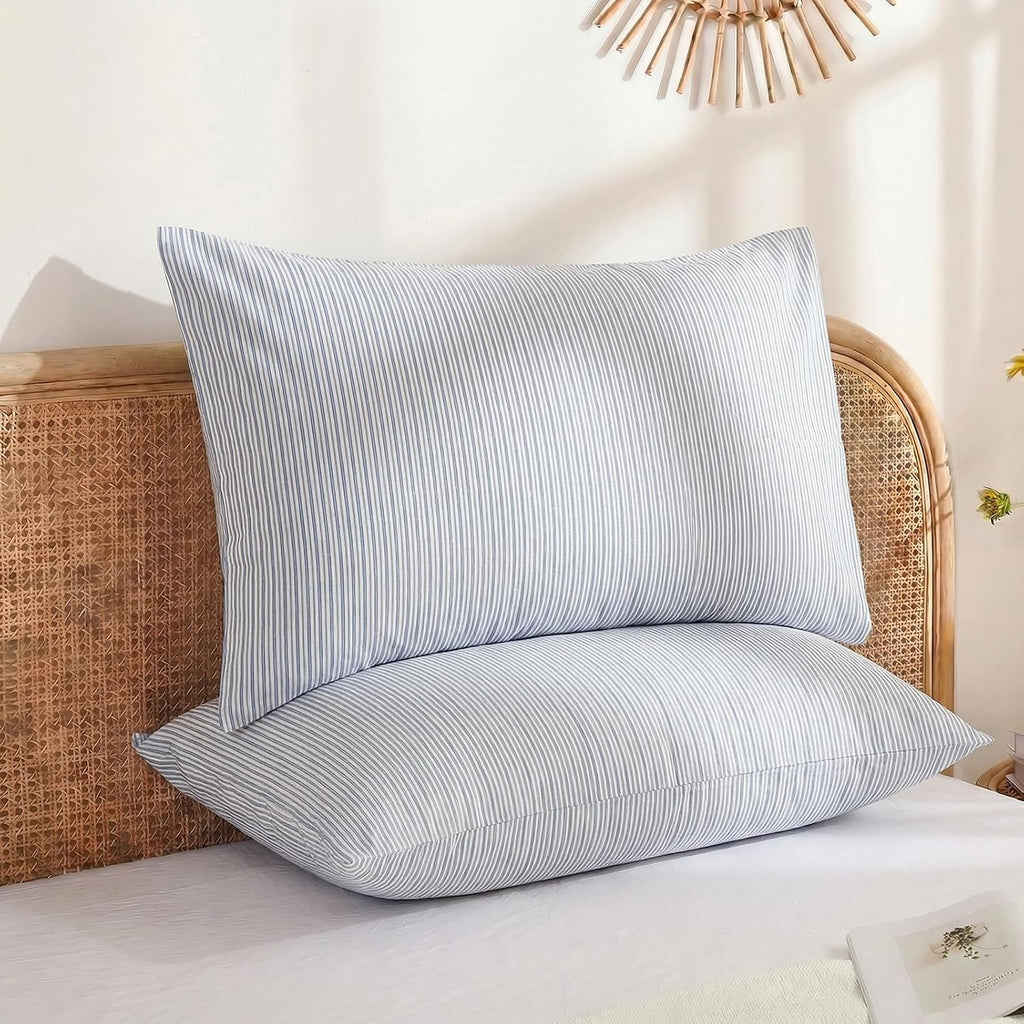 Merryword Blue Striped Pillowcases, 100% Cotton Pillow Cases, Queen Size Pillowcases, Luxury Linen Like Pillowcase, Soft Breathable Pinstri…