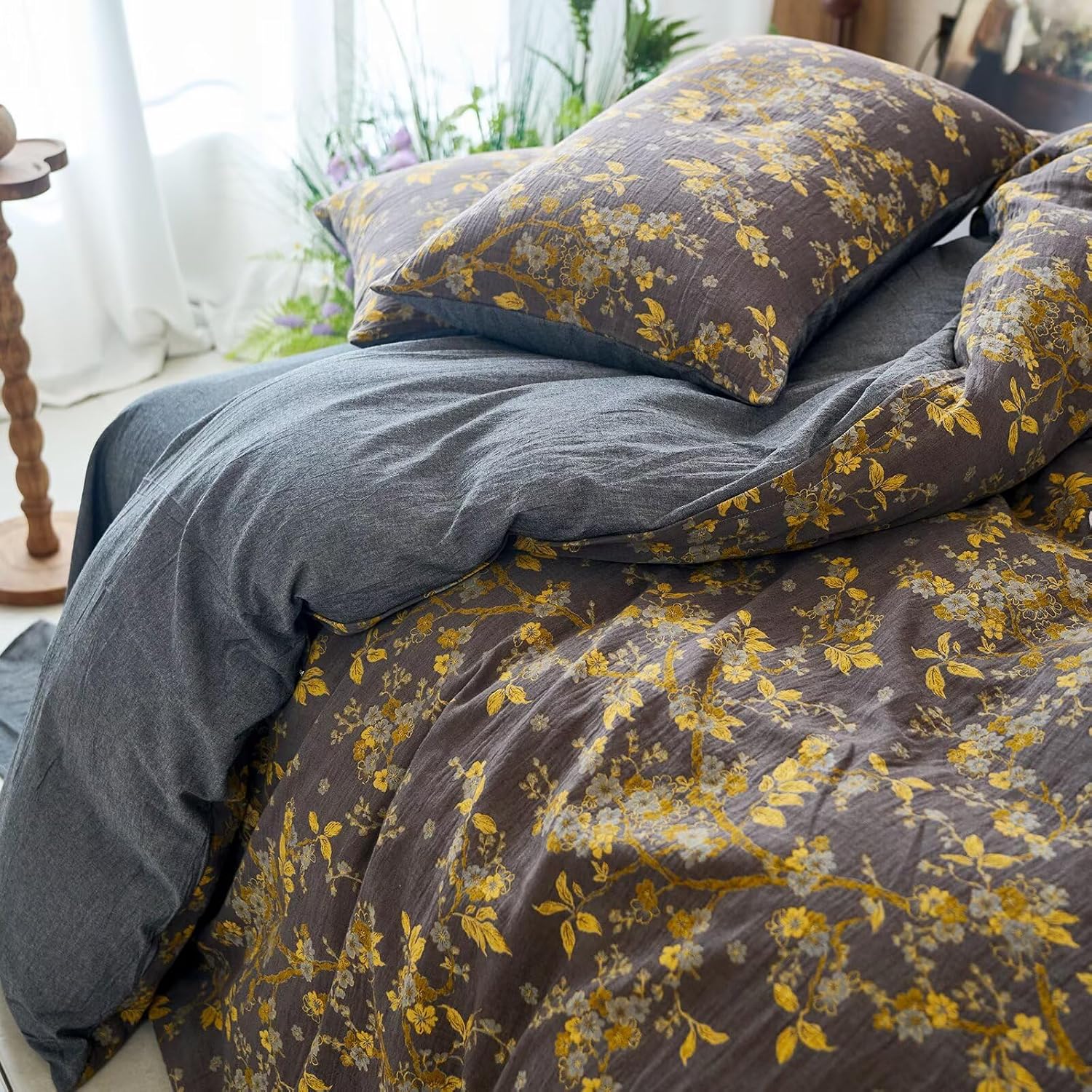 mixinni Vintage Floral Duvet Cover King Set - Gold Jacquard & Grey Reversible, 100% Yarn-Dyed Double-Layer Cotton, Breathable & Luxurious F…