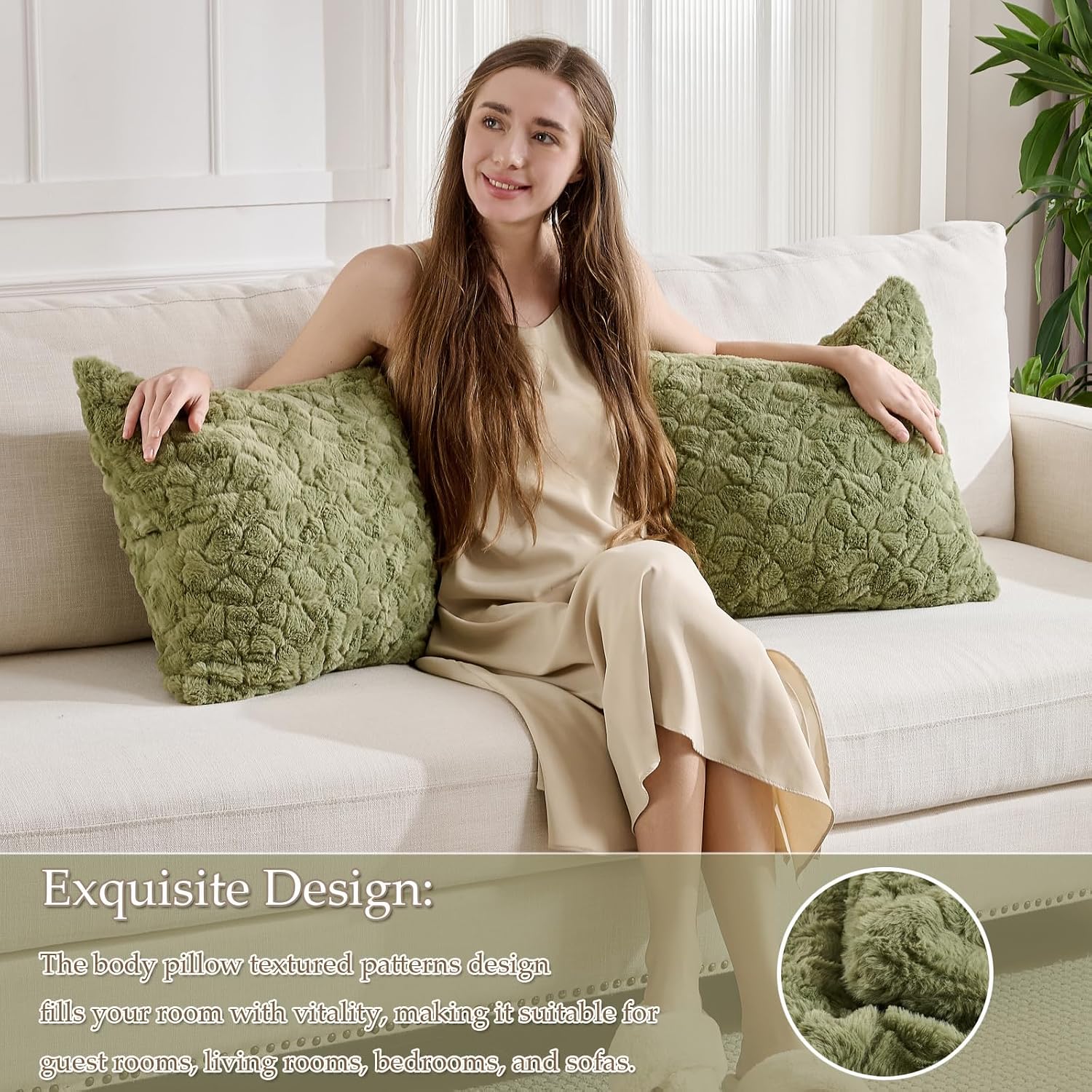 HKMR Fluffy Faux Rabbit Fur Body Pillow, Memory Foam Pregnancy Pillow for Side Sleep Body Pillow,20x54 Long Pillow for Adults-Sage Gr…