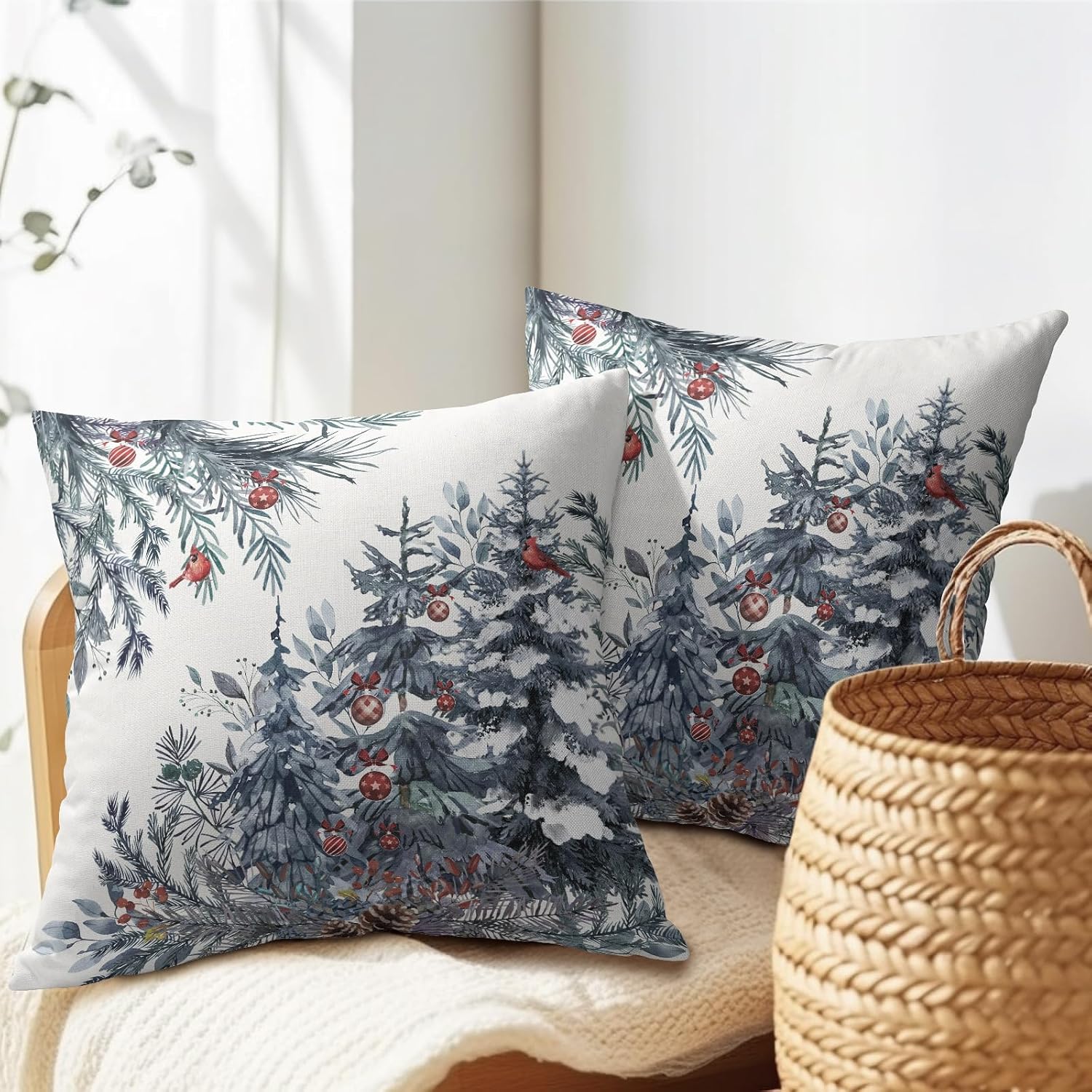 Granbey Christmas Tree Throw Pillow Covers 20x20 Inch Set of 2 Winter Watercolor Blue Grey Pine Trees Berry Bells Birds Decorative Pillowca…