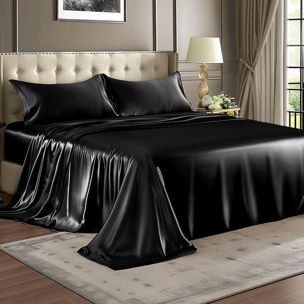 Bedelite Satin Sheets Full XL Size Bed Set, Luxury Soft Black Silky Sheets for Hair and Skin, Similar to Silk Bed Sheets Set 4 Pieces with…