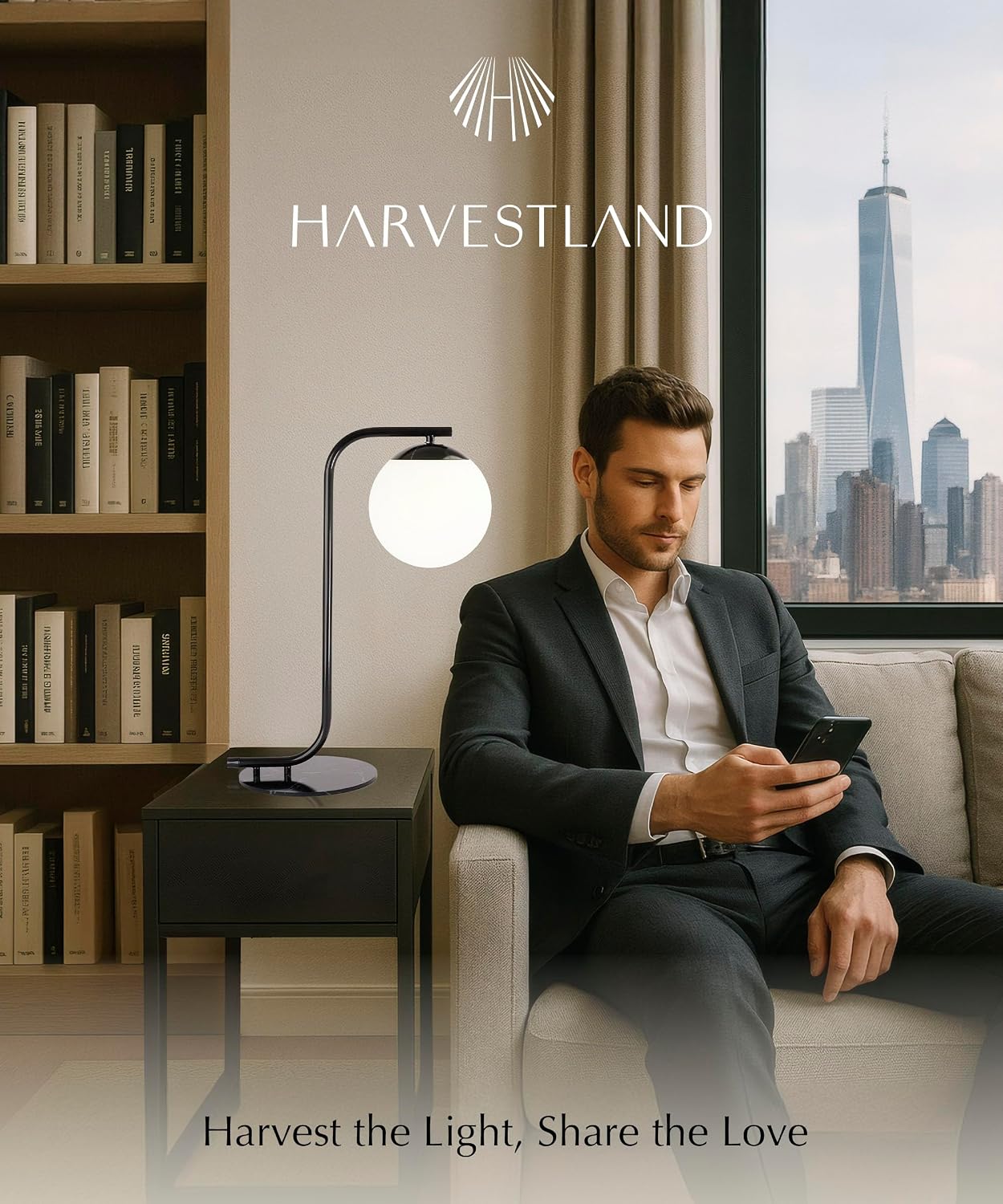 Harvestland Midnight Sphere 20” Bedside Lamp – Globe Table Lamp & Modern Table Lamps for Living Room, Nightstand Lamp, Side Table Lamp for…