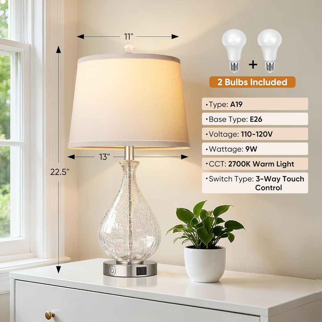 QiMH Glass Table Lamps for Living Room, Bedside Lamps Set of 2 with USB A+C Charging Ports, 3 Way Dimmable Touch Lamps for Nightstand…
