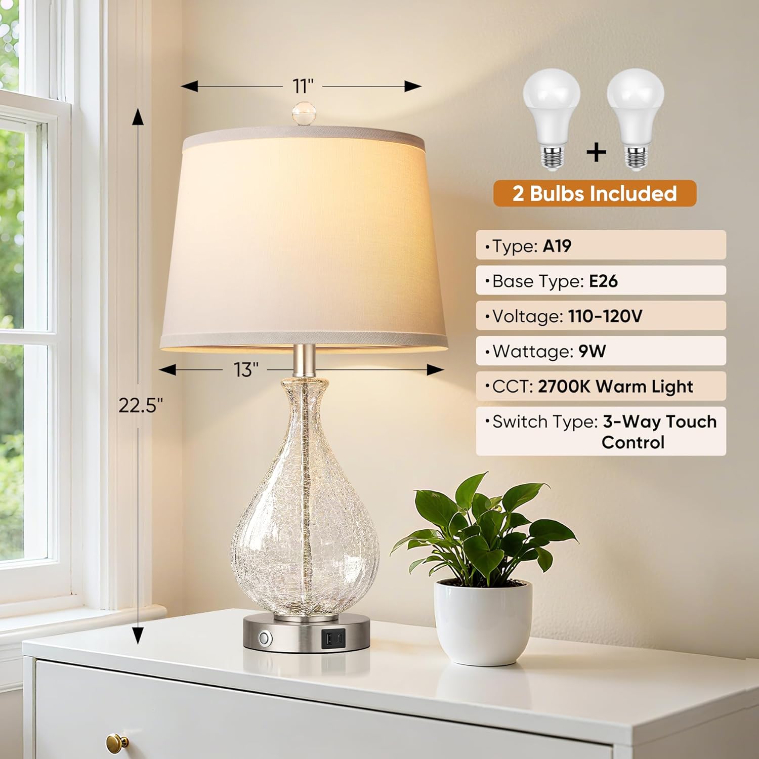 QiMH Glass Table Lamps for Living Room, Bedside Lamps Set of 2 with USB A+C Charging Ports, 3 Way Dimmable Touch Lamps for Nightstand…